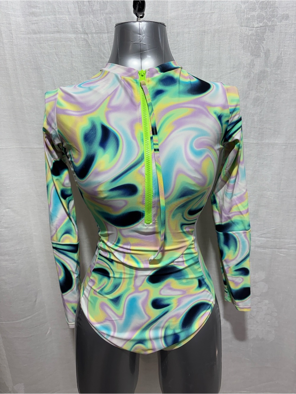 Neon Swirl Long-Sleeve One-Piece Swimsuit travel vacation surf stretch